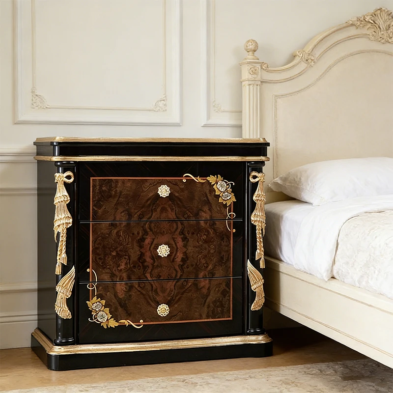 

!@French Design Customization 3 Drawer Bedside Table Luxury Gold Foil&Veneer Hotel Eco-Friendly Burl Wood Night Stand