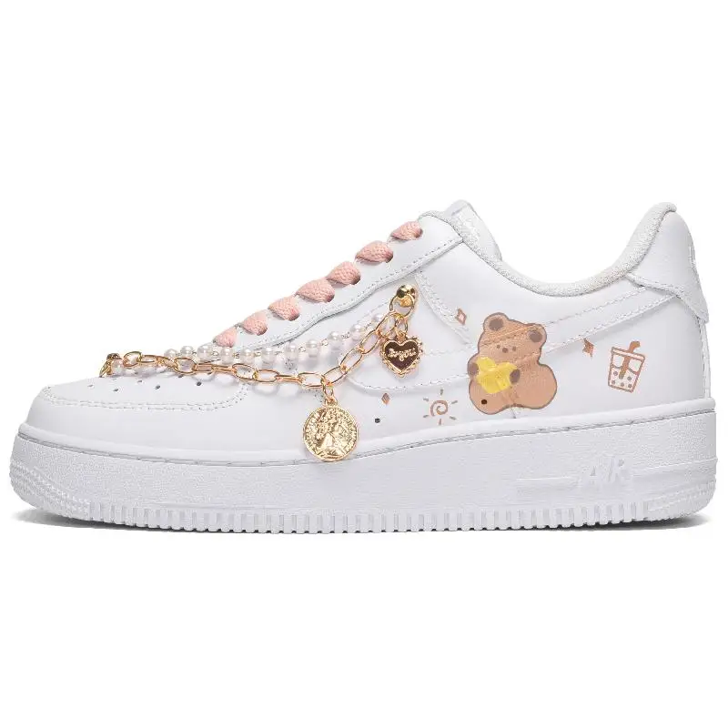 

[Custom The men's brown bear is white and brown]Nike Air Force 1 Skateboard Shoes Men Low-Top White Brown