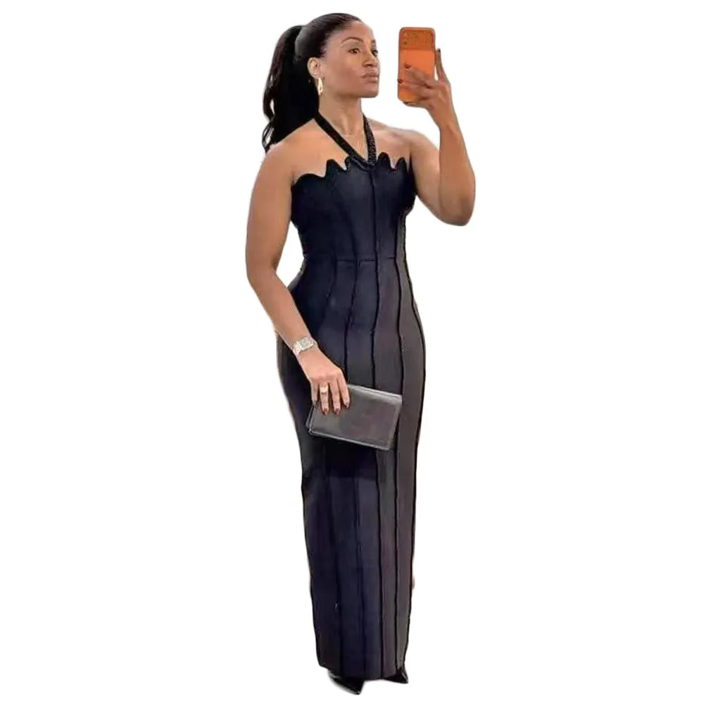 Robe moulante noire sexy pour femme, style licou, sans manches, dos nu, ornée de perles, pour soirée de célébrités