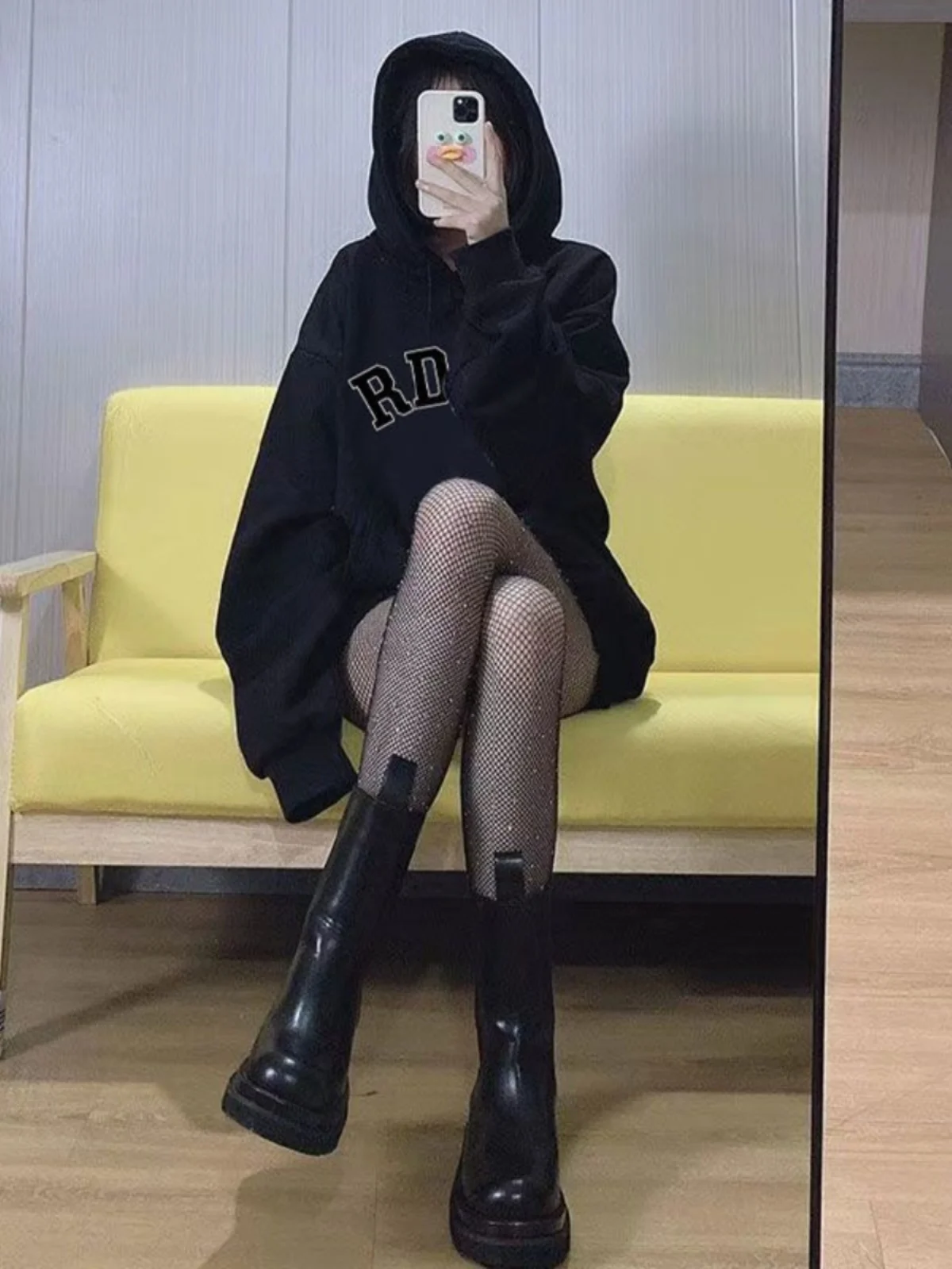 

Black Hoodie Women's Design Sensation Spring Autumn Chic Hong Kong Style Oversize Jacket Polyester Fiber Long Sleeve