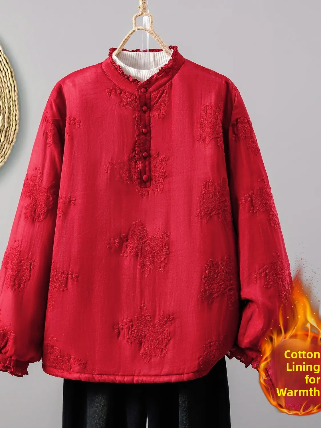 

Новогодний красный длинный све женский хлопковый жакет с хлопковым сэндвич-фонариком Све теплый слизи зимний топ для поездок на работу художественный L...