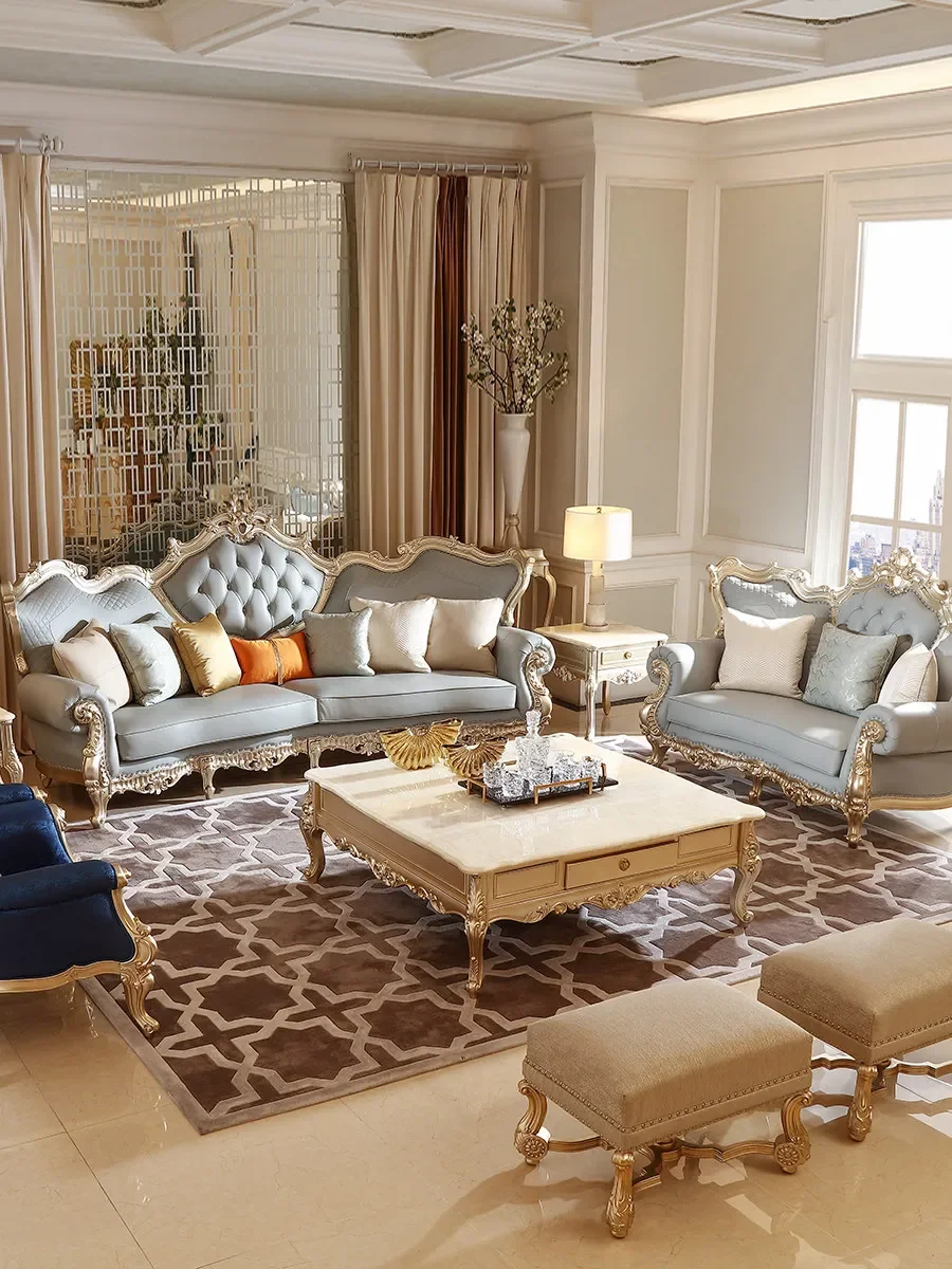 XCX solid wood palace carved first layer cowhide sofa large apartment European luxury sofa group