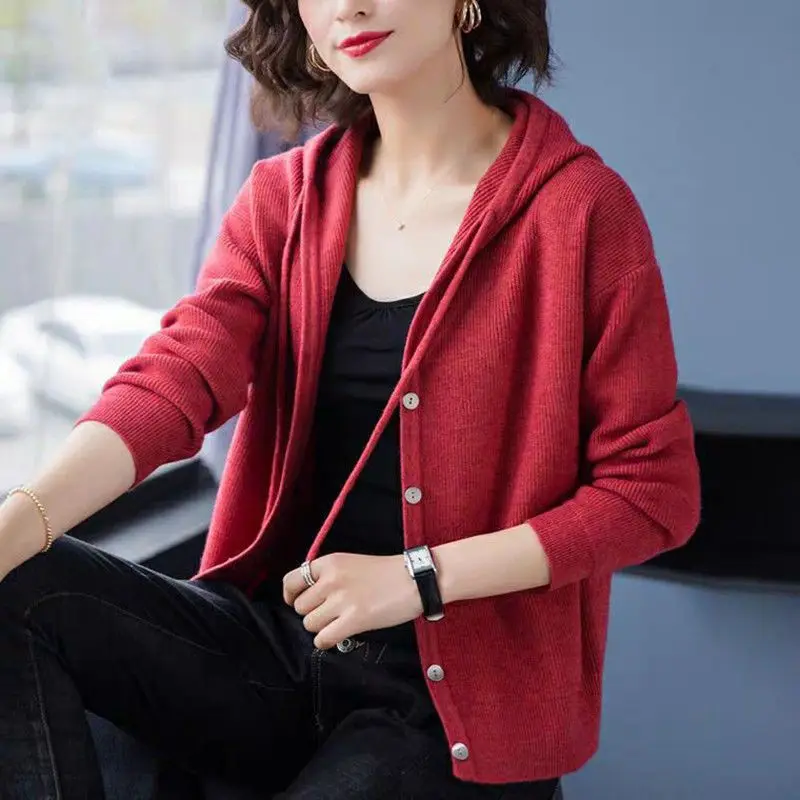 Casual Fashion Hooded All-match Knitted Cardigan Sweaters Women\'s Clothing 2022 Autumn New Solid Color Button Loose Korean Tops