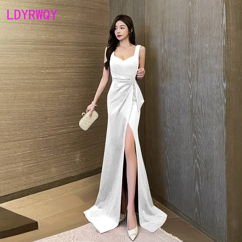 2023 New Sexy Low Chest Wrapped Hip Split Floor Sweeping Women\'s Long Dress Temperament Slim Fit Banquet Evening Gift Dress