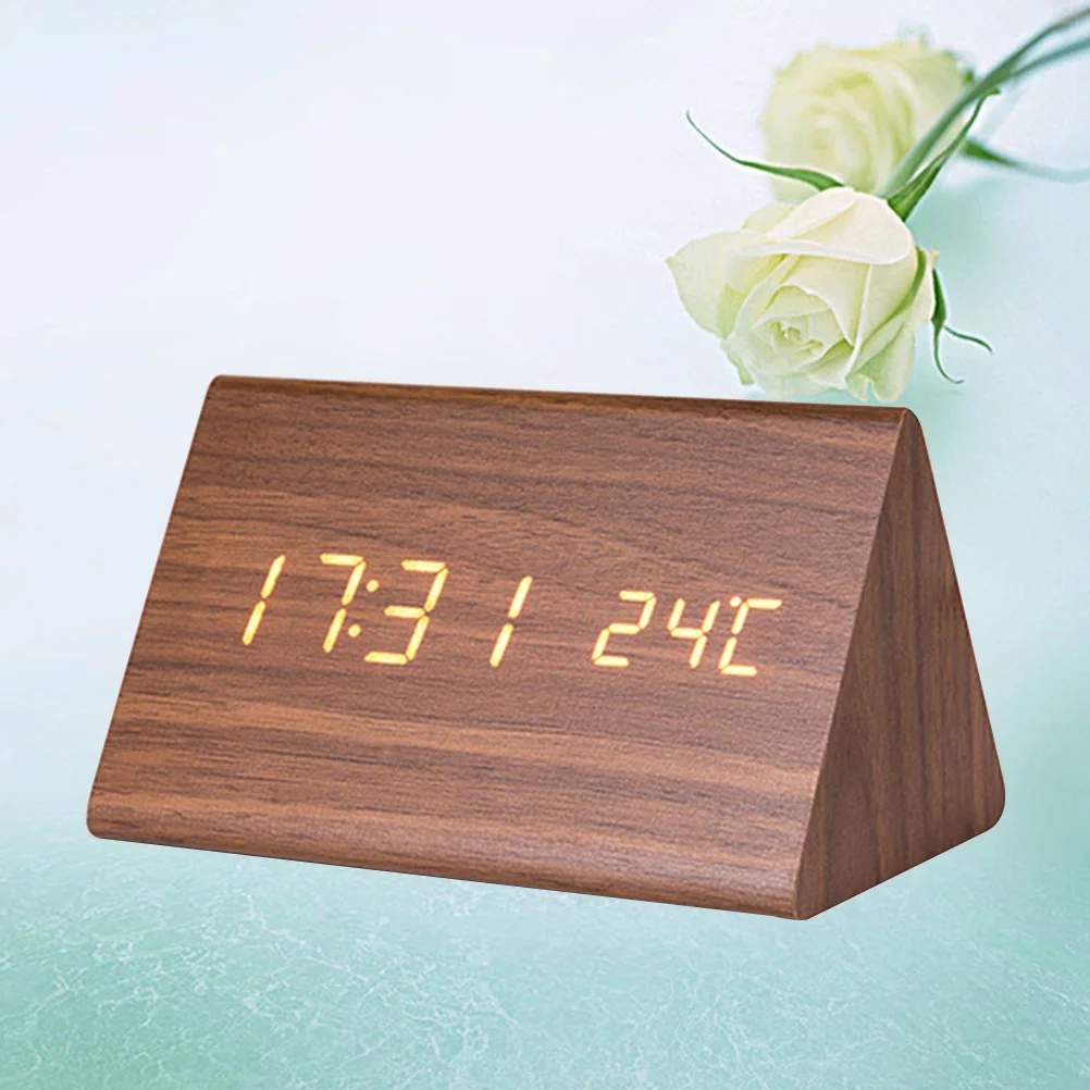 Cyfrowy budzik LED z drewnianym wykończeniem, podświetlany, cichy, z wyświetlaczem temperatury, regulacją jasności, brązowy zegar biurkowy dla nastolatków.