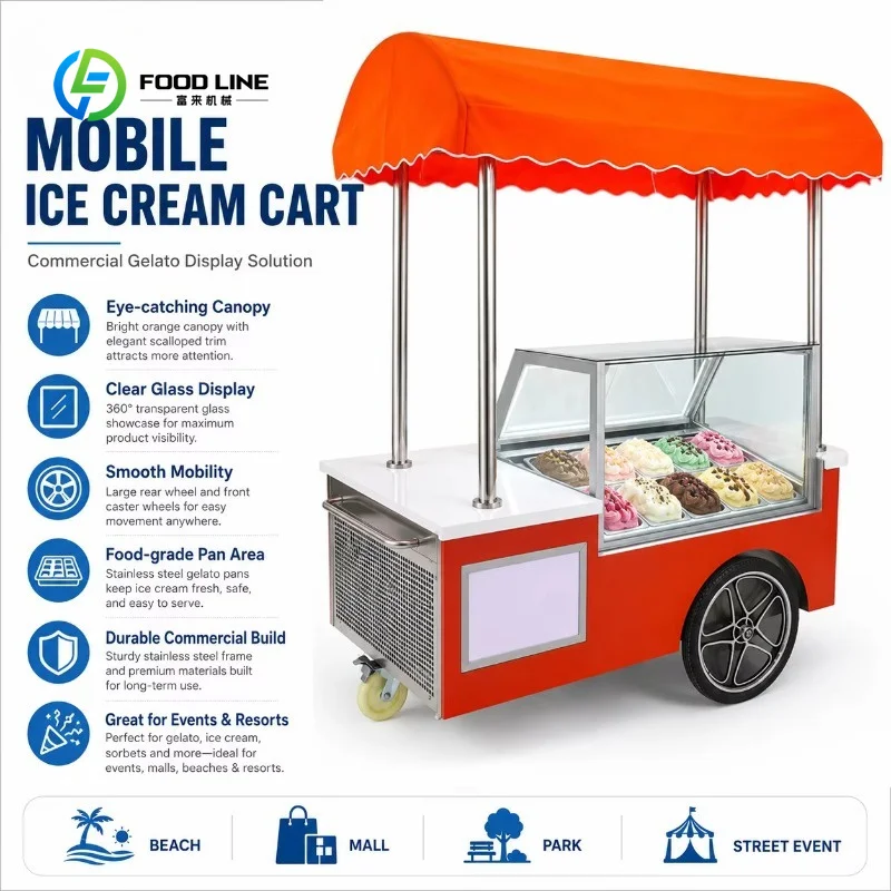 Customized Red Mobile Ice Cream Vending Cart, Refrigerated Gelato Display Case with Wheels, Outdoor Food Kiosk for Dessert Sale