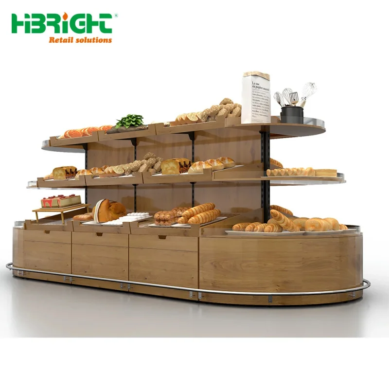 custom.Classic Natural Wood Bakery Bread Island Display Gondola Rack and Supermarkets with Round End Shelf Plastic