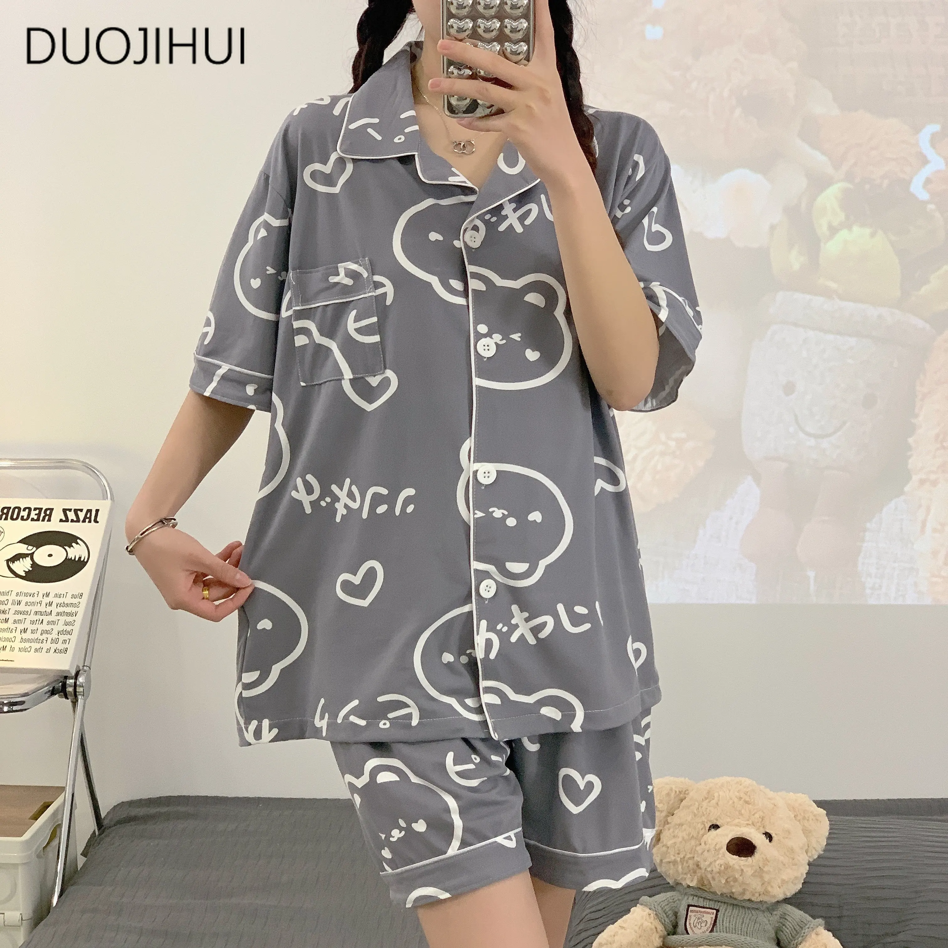 DUOJIHUI Spring Chic Print Two Piece Casual Home Pajamas for Women Ins New Basic Button Cardigan Simple Pant Female Pajamas Sets