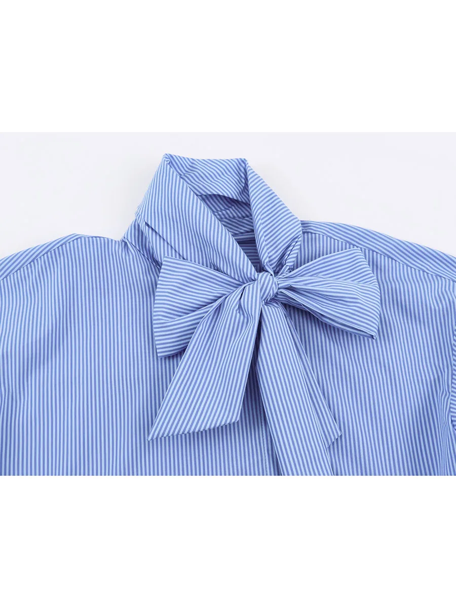 For Office Work Women Striped Blouse Fashion Autumn Shirt Stretchable Material New Condition Polyester Fabric Regular Length