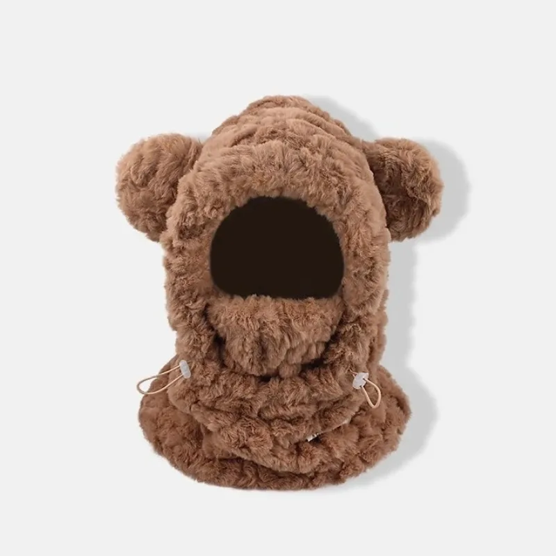 女性の冬用暖かいぬいぐるみ帽子スカーフセットかわいいクマの耳ビーニー、防風フード付きスカーフオールインワン耳保護キャップ