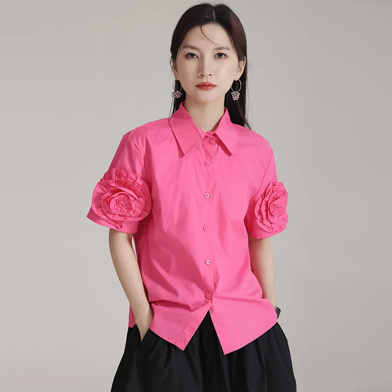 Rose sticker short sleeved shirt for summer women 2024 new minority design single breasted trendy shirt