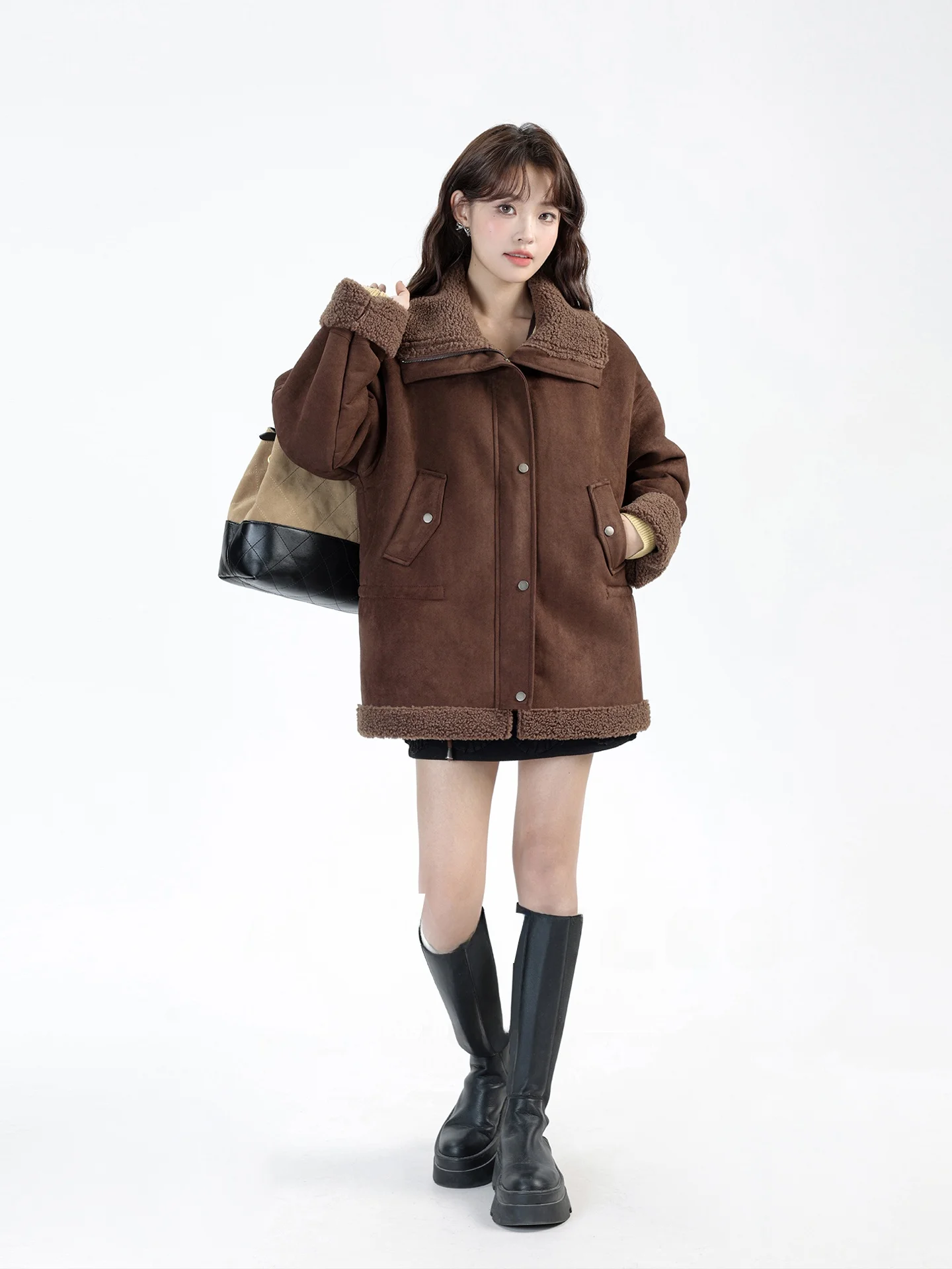 

Korean Sle Women's Suede Jaet Lamb Fur Trim Dstring Waistcoat Warmth Faionable Long Sve Coat for Daily Wear