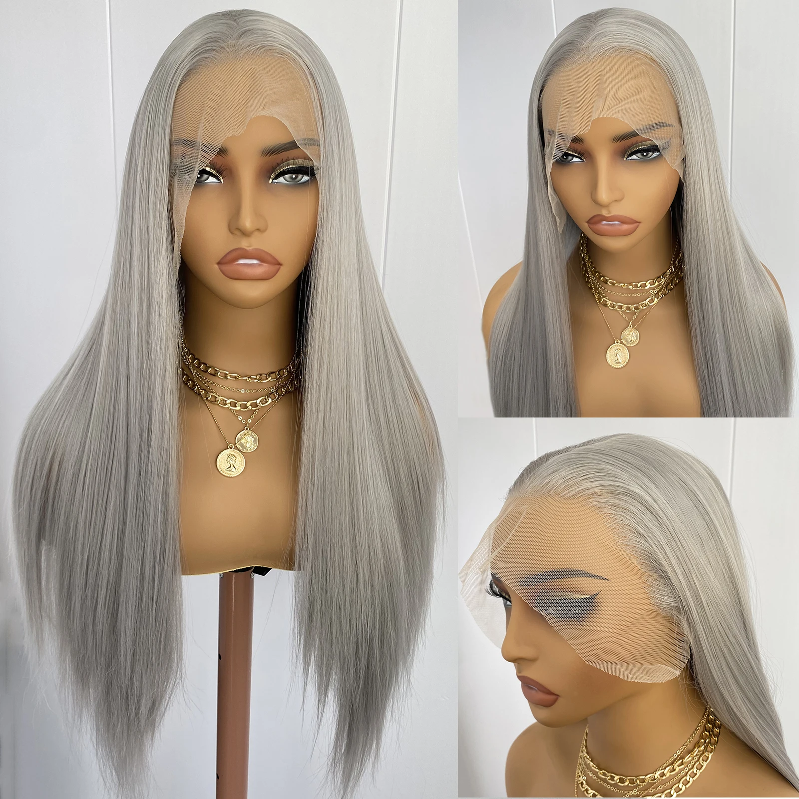 

Diniwigs Серебристо-серый парик шнурка 13x4 Длинные шелковистые прямые синтетические парики спереди для женщин Термостойкие натуральные волосы