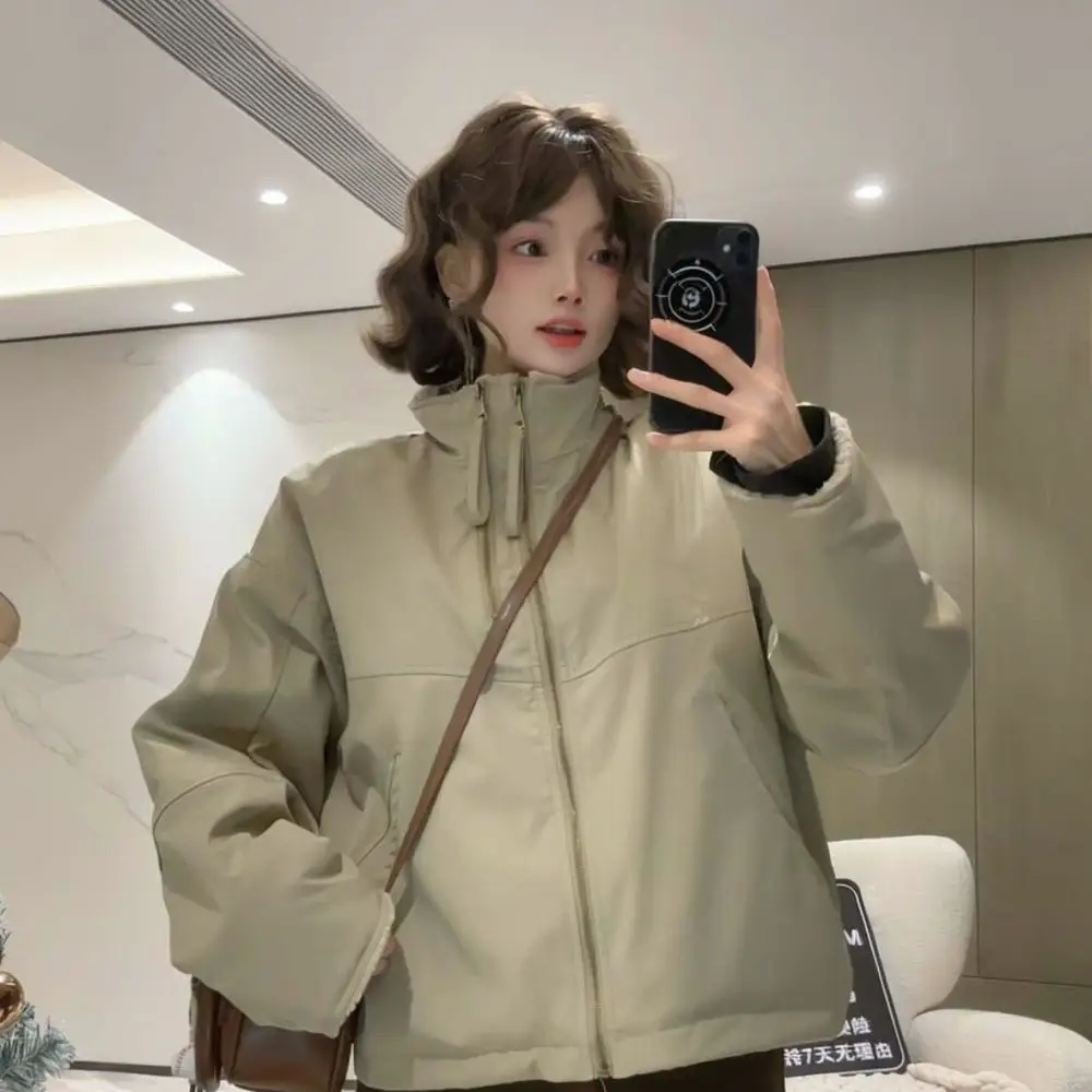 Winter Short Cotton Jacket Women Lambswool Lined Thick Warm Loose Fit Stand Collar Casual Chic Fashion Outerwear