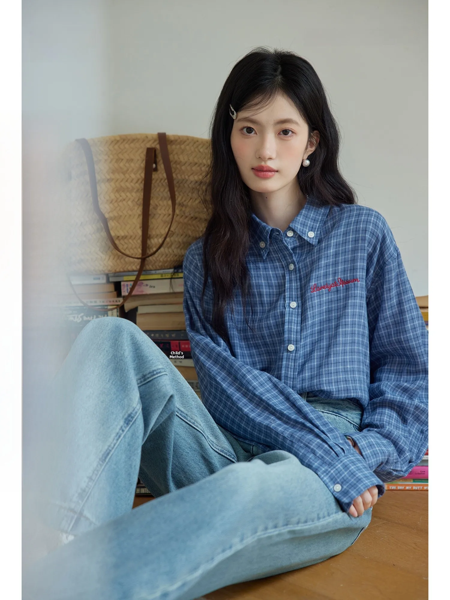 

ORWhite lectual Sle Retro Logo Embroidery Blue Plaid Women's irt Loose Fit Cotton Long Sve Autumn Top