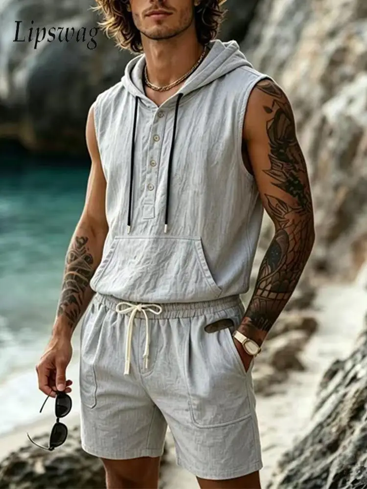 Fashionable Linen Hoodie Suits Mens Vintage Solid Color Outfits Summer Drawstring Sleeveless Tops And Shorts Two Piece Sets Men