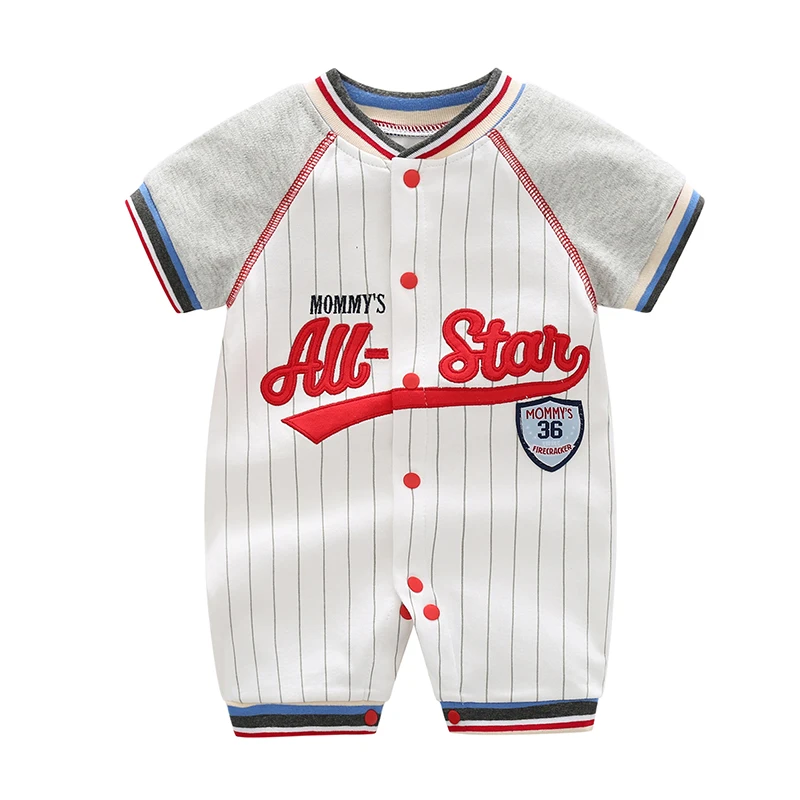 Baby One-piece Clothes, Pure Cotton 100-day Baby Summer Clothes, Men's Short-sleeved Outings, Handsome and Trendy Thin Baseball Uniforms