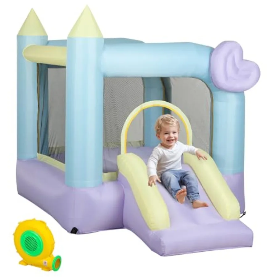 Casa de salto, bouncer inflável com ventilador de ar, castelo inflável externo/interno com escorregador, estacas, remendos de reparo, 98" x 65" x 79"