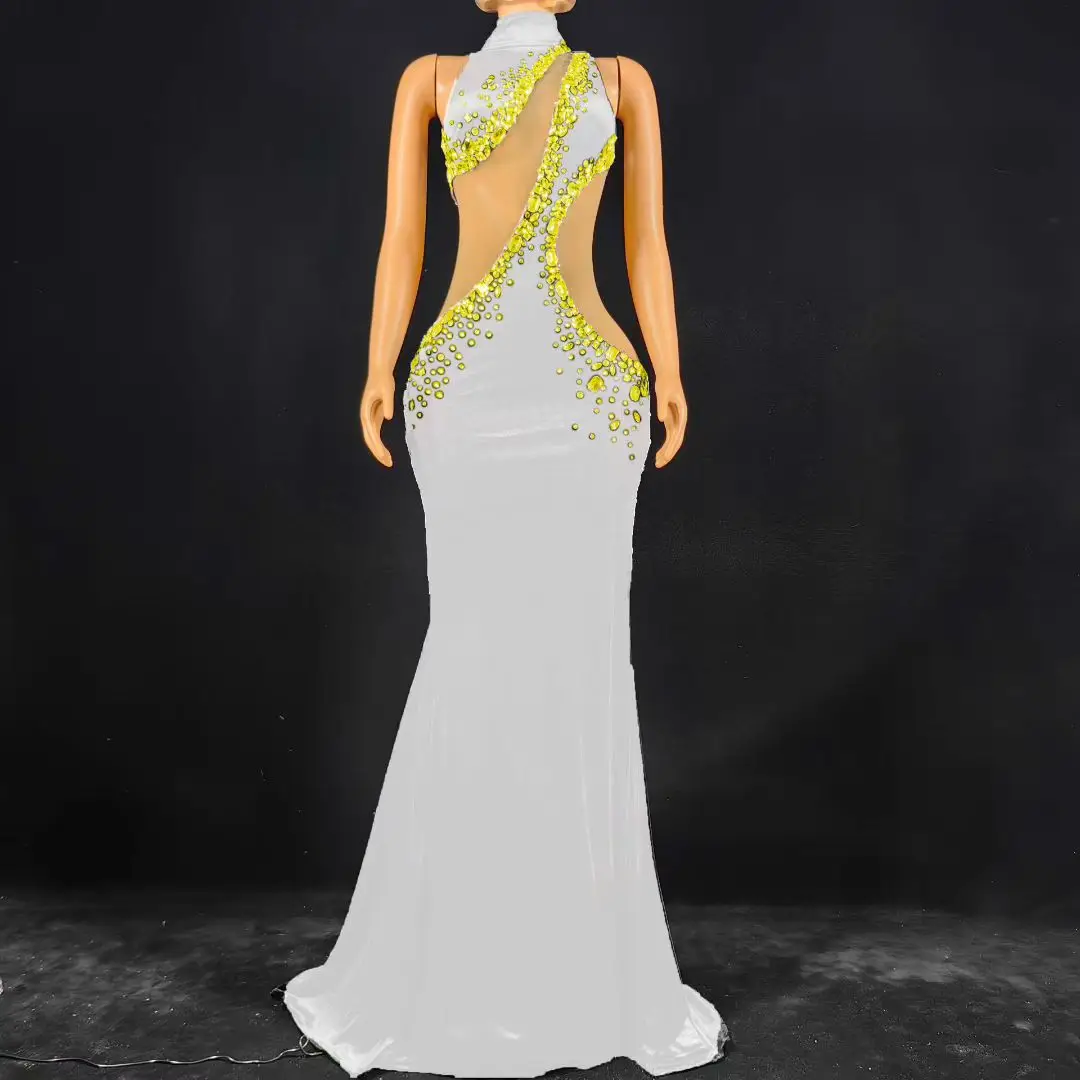 

Tieta Elegant Women High-End Dinner Dress Yellow Rhinestone Skin Tone Mesh Patchwork Dress Wedding Banquet Birthday Party Dress