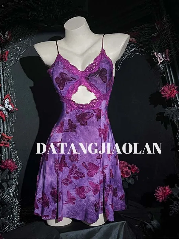 Sexy Purple Floral Suspender Vneck Tank Mini Dress Sexy Lace Big Backless Pure Desire Sleepwear Dress Elegant Sweet Women OE7P