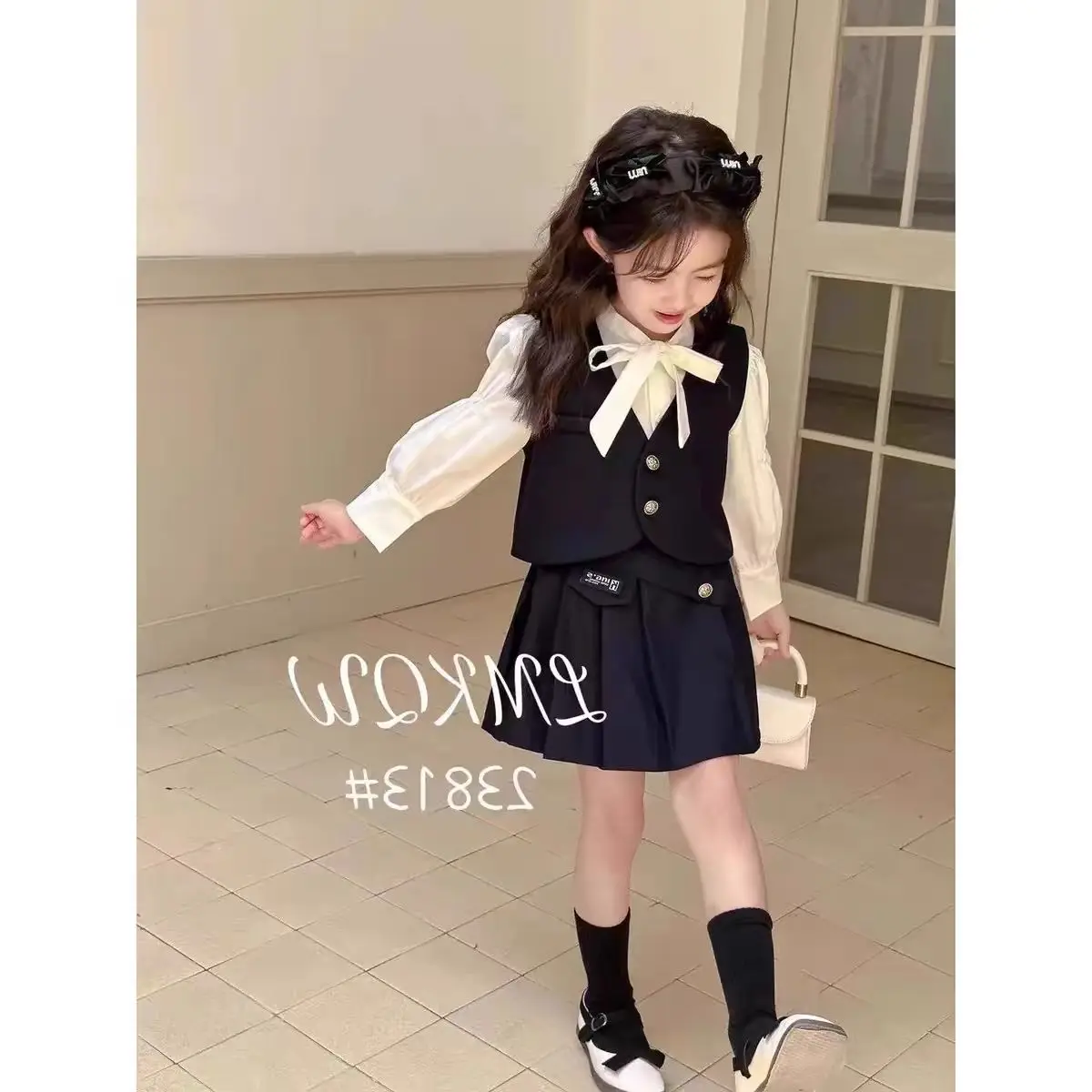 2-11Y Spring Fall Children Girl 3PCS Clothes Set Cotton White Ruched Bow Shirts Black Vest Pleated Skirts JK Suit Girl Outfit