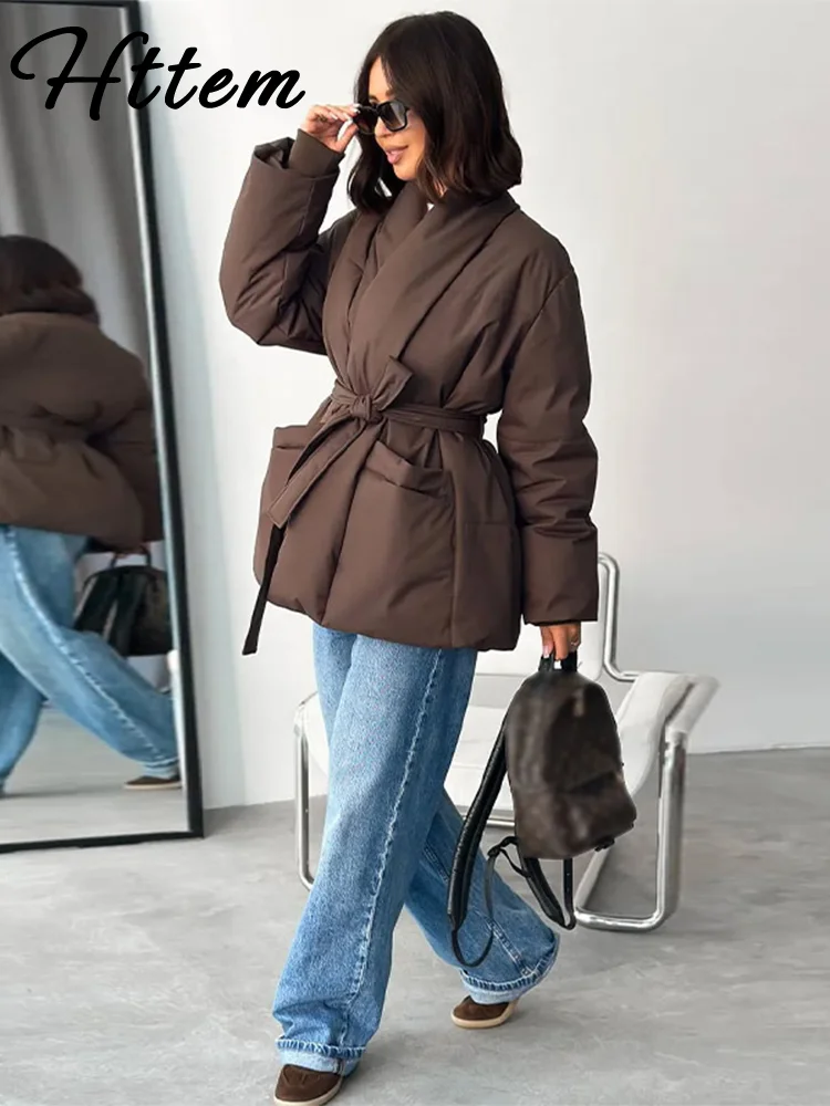 Warm Cotton-padded Lace Up Jacket Women Solid Full Sleeve Stand Collar Loose Jackets Female 2025 Autumn Thicken Outwear Lady New