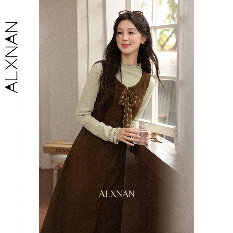 

ALXNAN Halter Dresses Button Polka Dot Slip Ribbon Tie Sleeveless Dress Autumn New Elegance Vintage Commuting Long Dress L57706