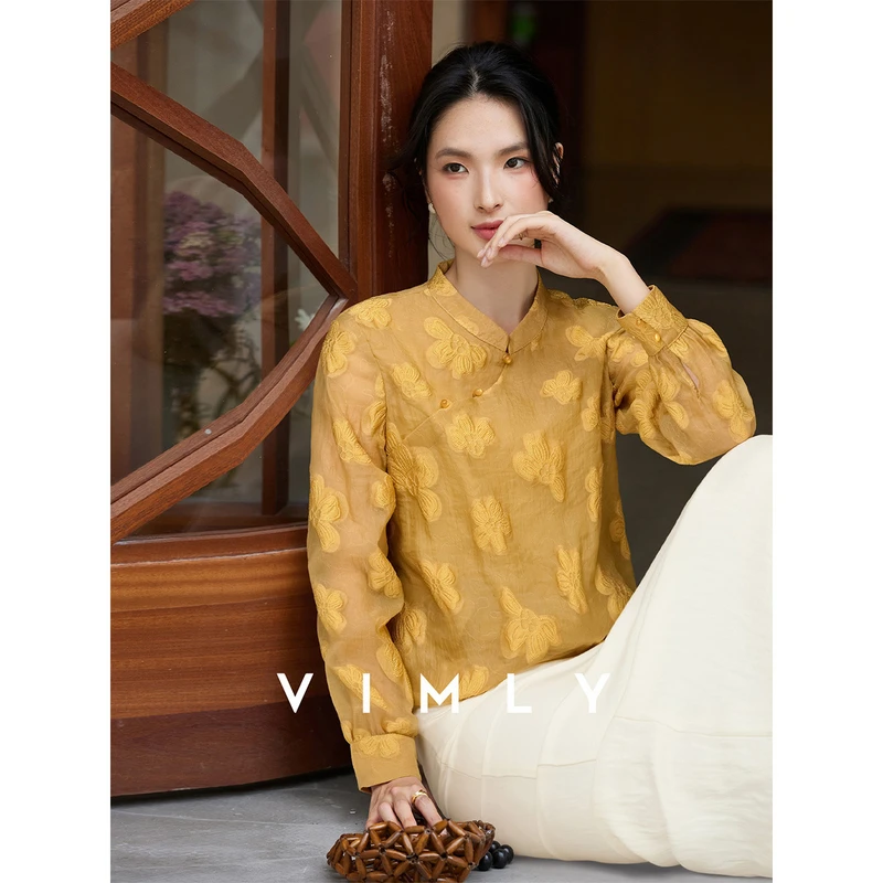 

VIMLY Women's Yellow Blouses Chinese Style 2025 Autumn Foral Jacquard Elegant Shirt Long Sleeve Stand Neck Ladies Shirts A2893