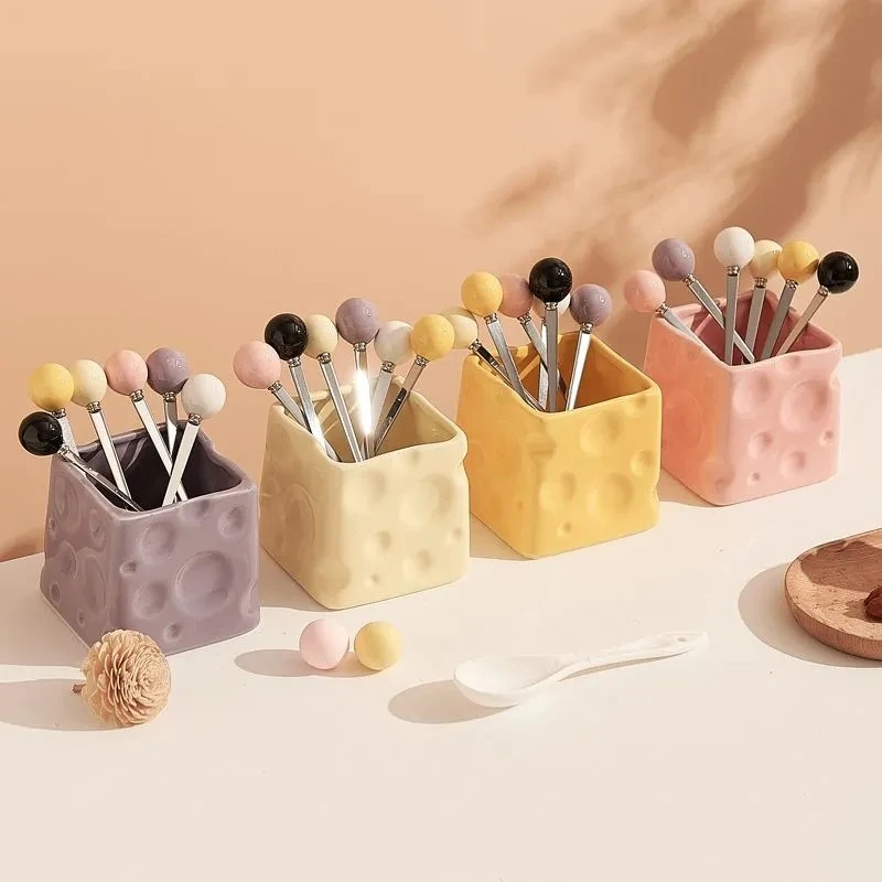 1pc Ceramic Mouthwash Cup Spoon Fork Storage Cup Cheese Ceramic Jar Household Daily Necessities Makeup Brush Storage Cup