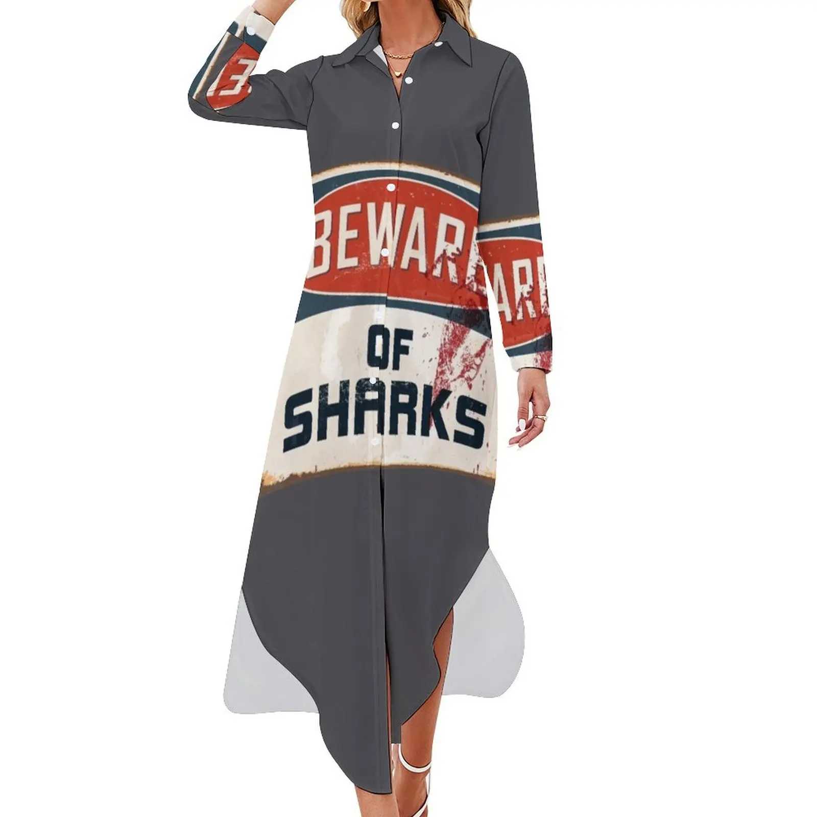 

Beware of Sharks Funny Shark Lover Diving Enthusiast Long Sleeved Shirt Dress Women's summer dress