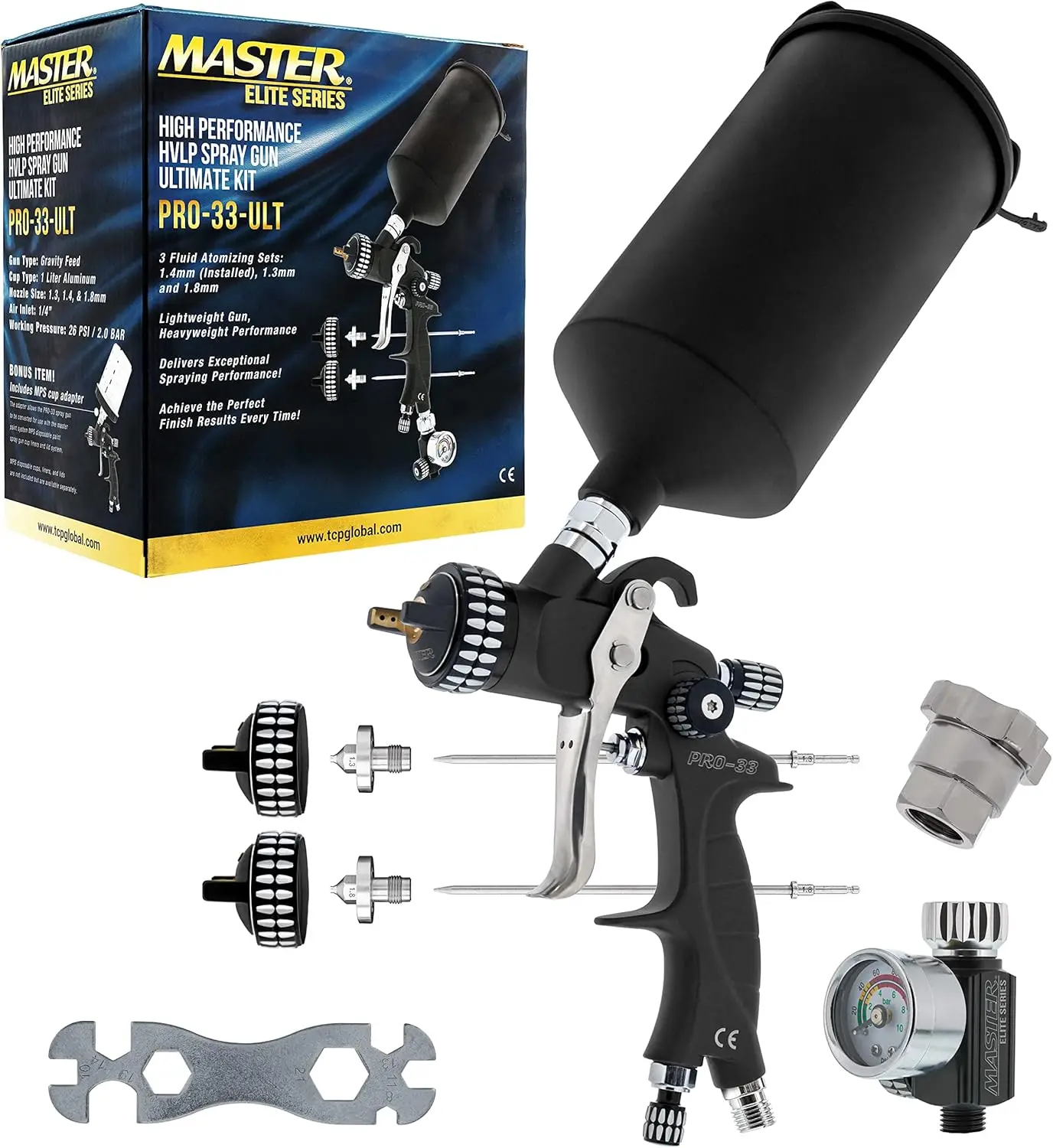 

Master Elite High Performance PRO-33 Series HVLP Spray Gun Ultimate Kit - 3 Fluid Tip Sets 1.3, 1.4 & 1.8mm and Air Pressure