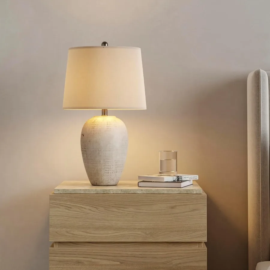 Accueil 23" lampe de table en pot en céramique rustique crème en détresse/beige pour chambre salon salle à manger bureau avec abat-jour ivoire