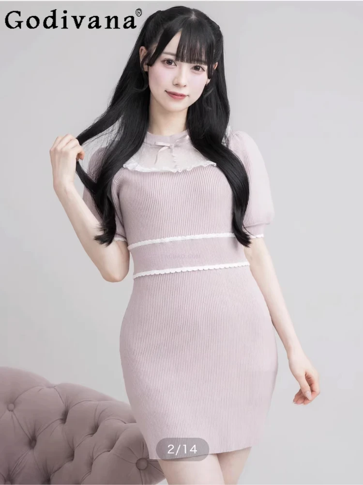 

2025 Japanese New Sweet Slim-Fit Elegant Knitted Dress Summer Girls Cute Mesh Splicing Mini Knitted Dress Women's Daily Dresses