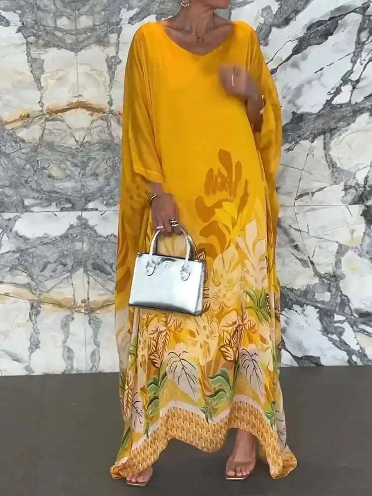 2025 Wrist Sleeve Print Patchwork Maxi Women O Neck Fashion Elegant Party Dress, Spring Autumn Simple Loose Ladies Dress