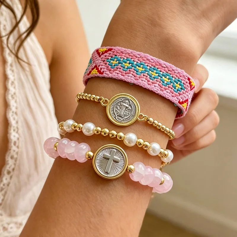 Bohemian-Style Stackable St. Benedict Religious Charm Pink Bead Imitation Pearl Cross Women's Beaded Bracelet,Coquette