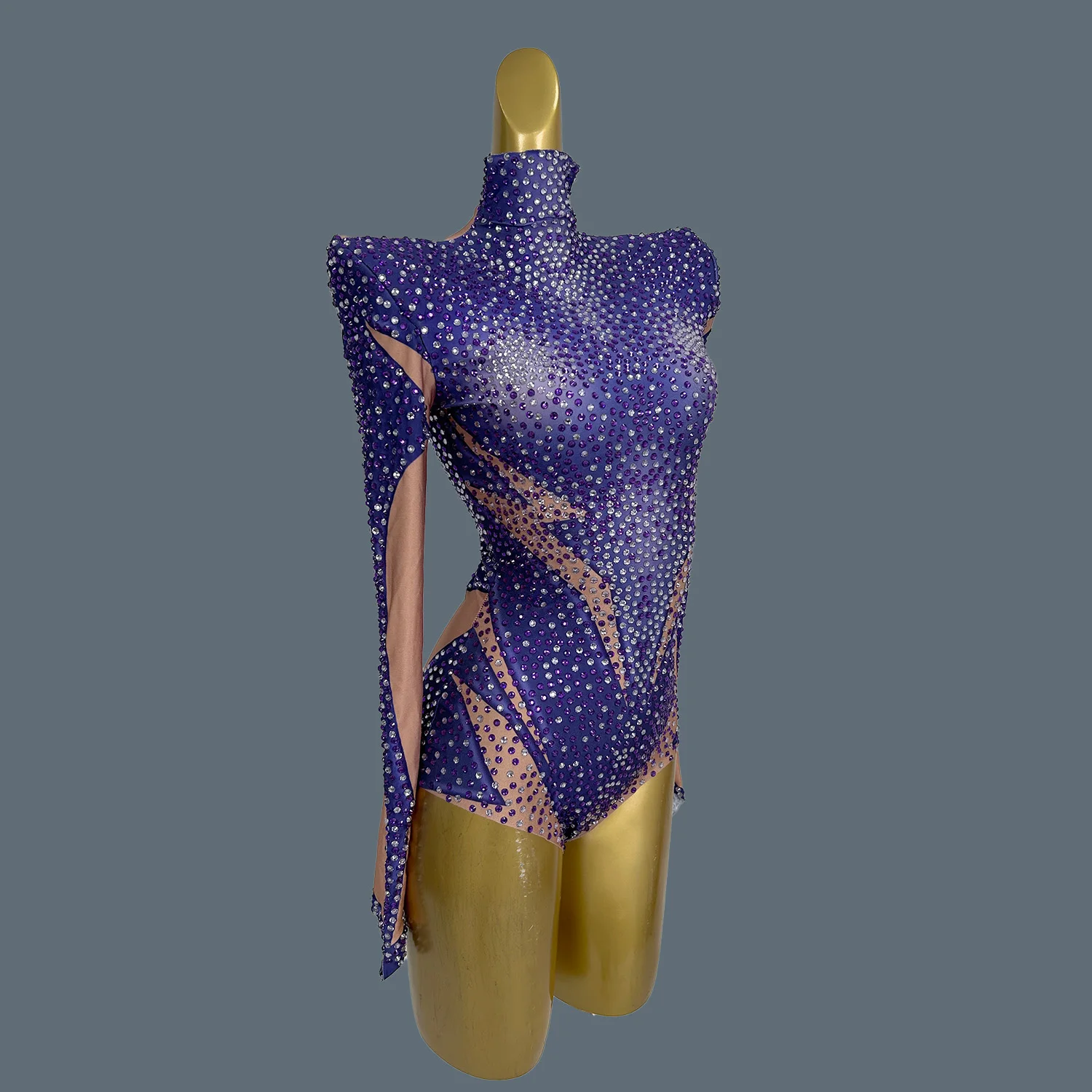 Fancy Rhinestone Purple Bodysuit Party Bar Show Perfprmance Costume Sensual Curves Shine Bodysuit Black Girls Club Wear Shandian