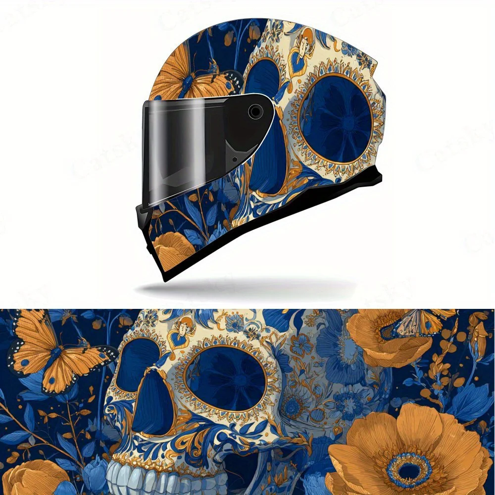 

Eye-catching Blue Skull and Flower Blossoms Motorcycle Helmet Protective Sticker, Motorcycle Helmet Exterior Decorative Accessor