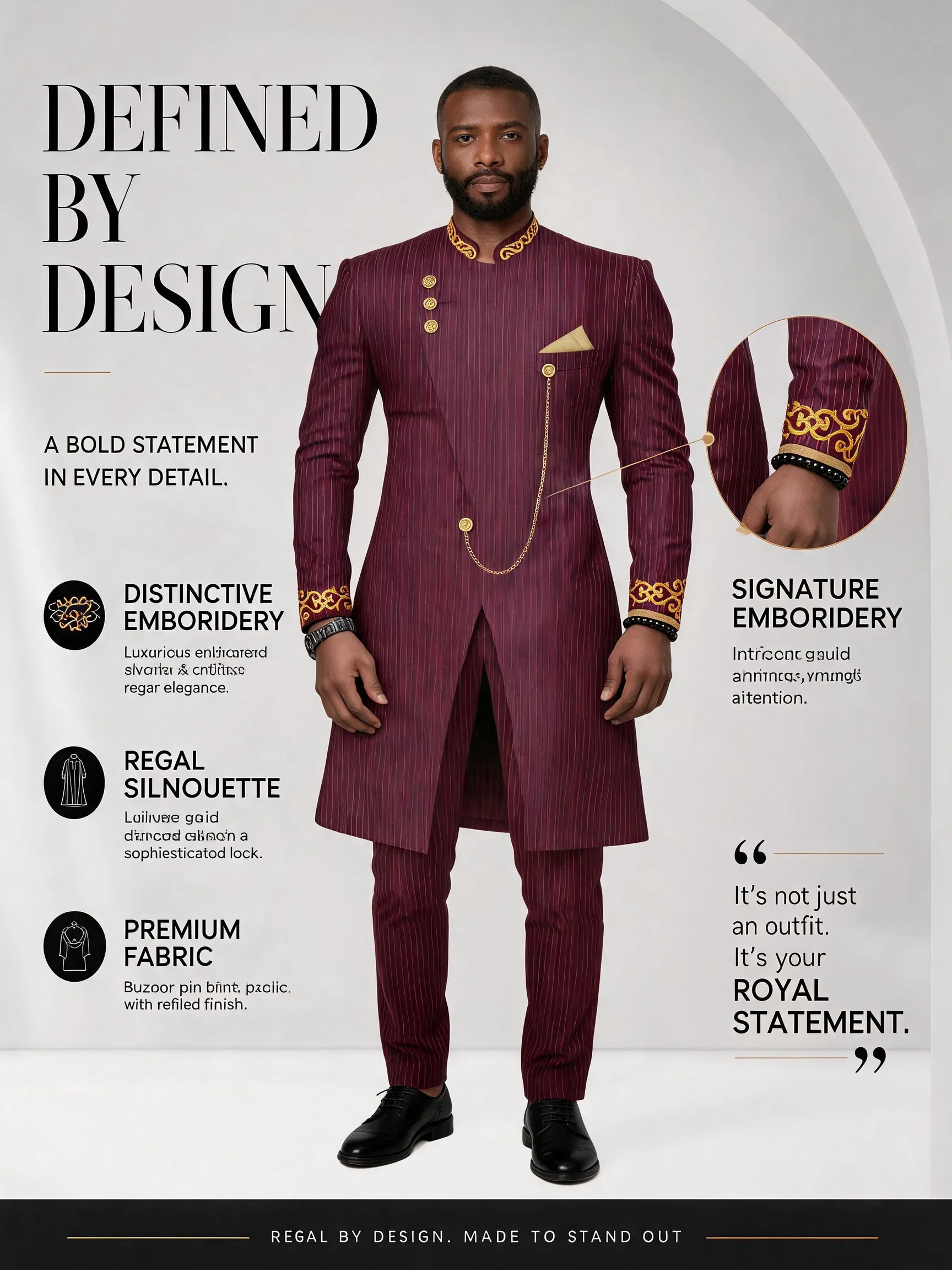 Men African 2‑Piece Suit Wine Red Striped Stand Collar Double Breasted Long Coat Pants Set Luxury Wedding Party Formal Outfit