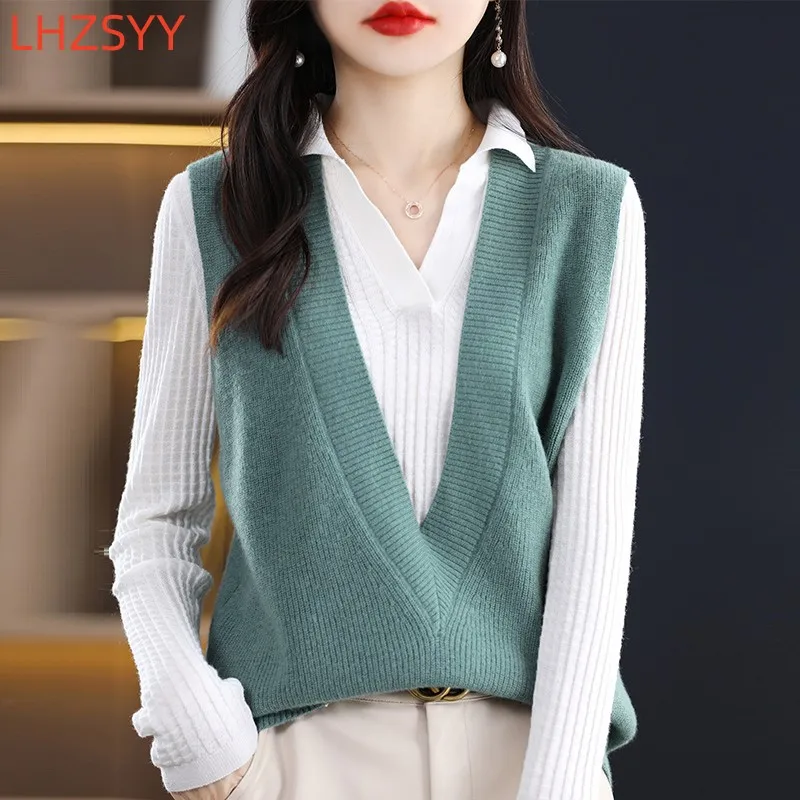 LHZSYY Autumn 100%Pure Wool Knit Vest Women New High-End Sleeveless Sweater take out V-Neck Cashmere Loose waistcoat Female Tops