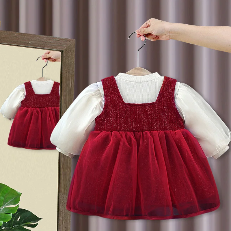 New in Spring and Autumn Little Girl Princess Dress Vest Skirt Base Shirt Bow Suit