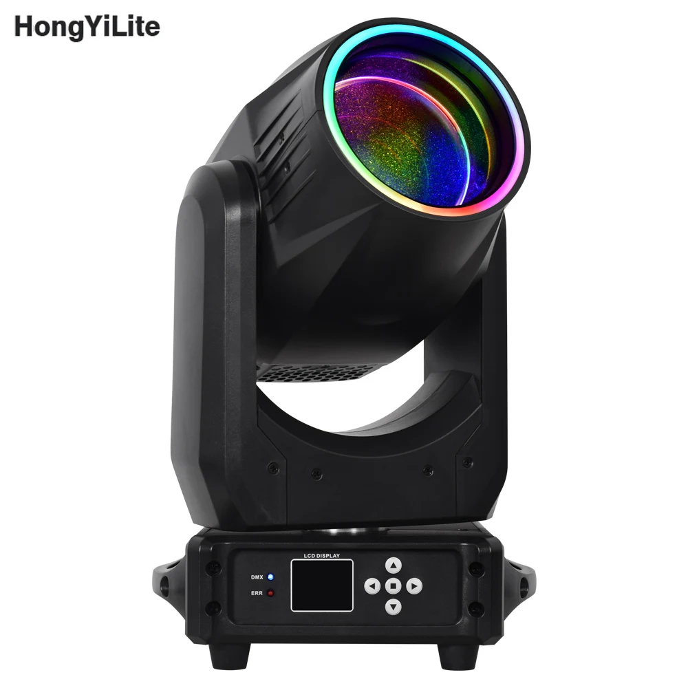 

HongYiLite 200W With Ring Beam Moving Head 18 Prisms Rainbow Effect Spot Light DMX Stage Light For Disco Audience Blind Effect