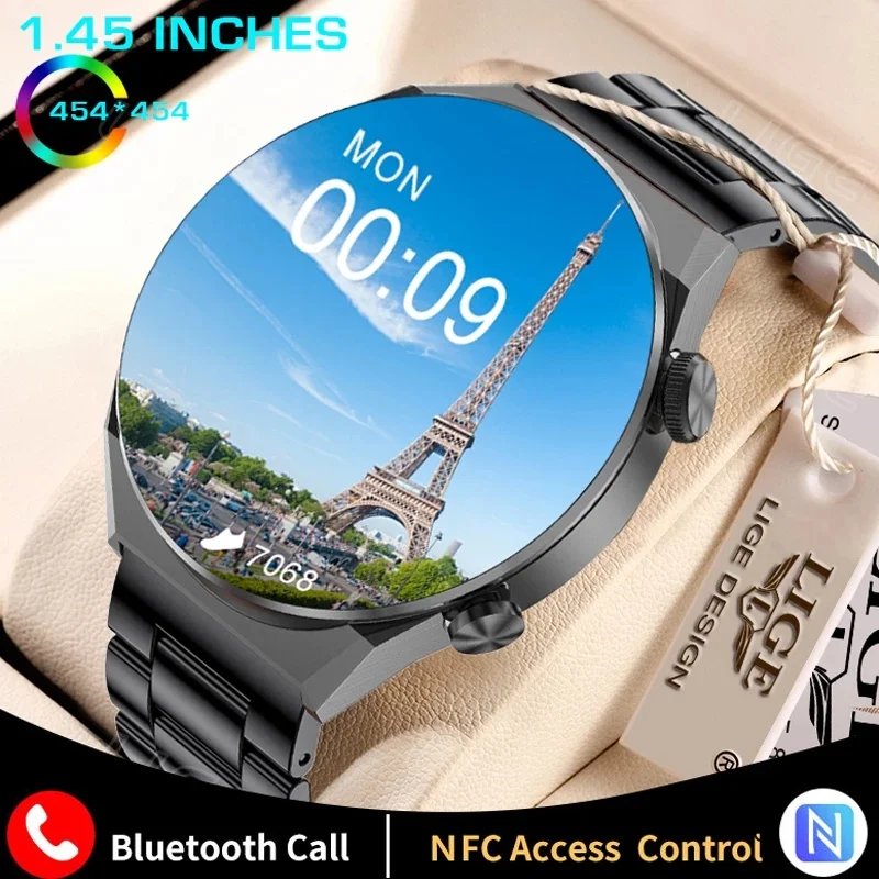 New LIGE 454*454HD Big Screen Smart Watch Men NFC Wireless Charger IP68 Waterproof Smartwatch Bluetooth Call Business Gift Watch