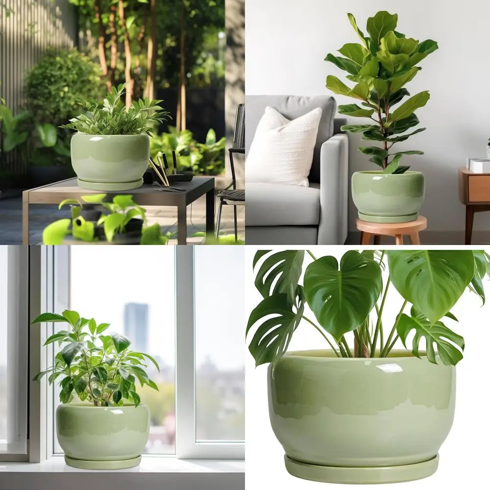 

10 Inch Round Decorative Planter with Drainage Hole and Saucer, Suitable for Indoor and Outdoor Use, Green