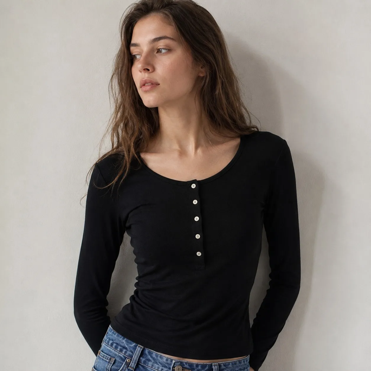 Women's Striped T Shirt Long Sleeve Round Neck Knit Top Button Front Basic Layer кофта женская