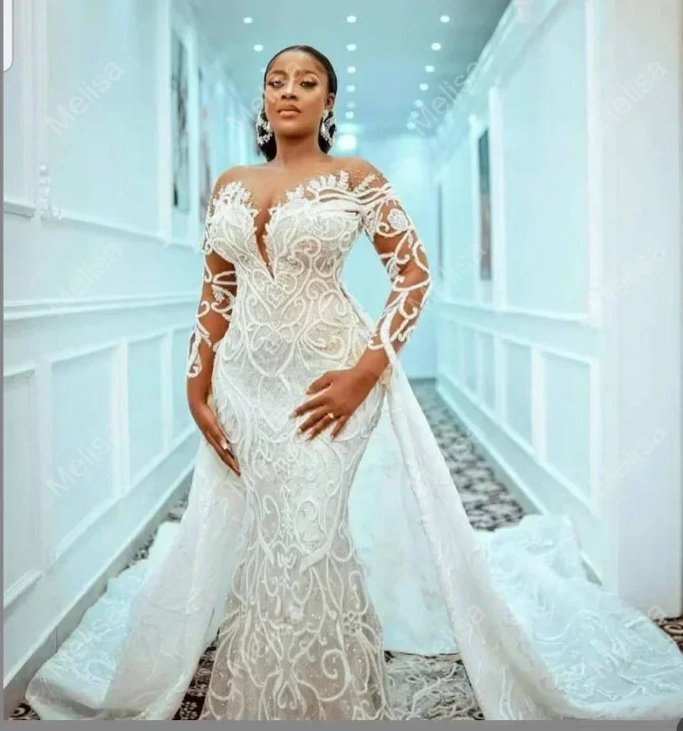 

Customized Plus Size Mermaid Bridal Dress Detachable Sparkly Beaded Bridal Gowns Robe De Marriage Wedding Dresses For Black Girl
