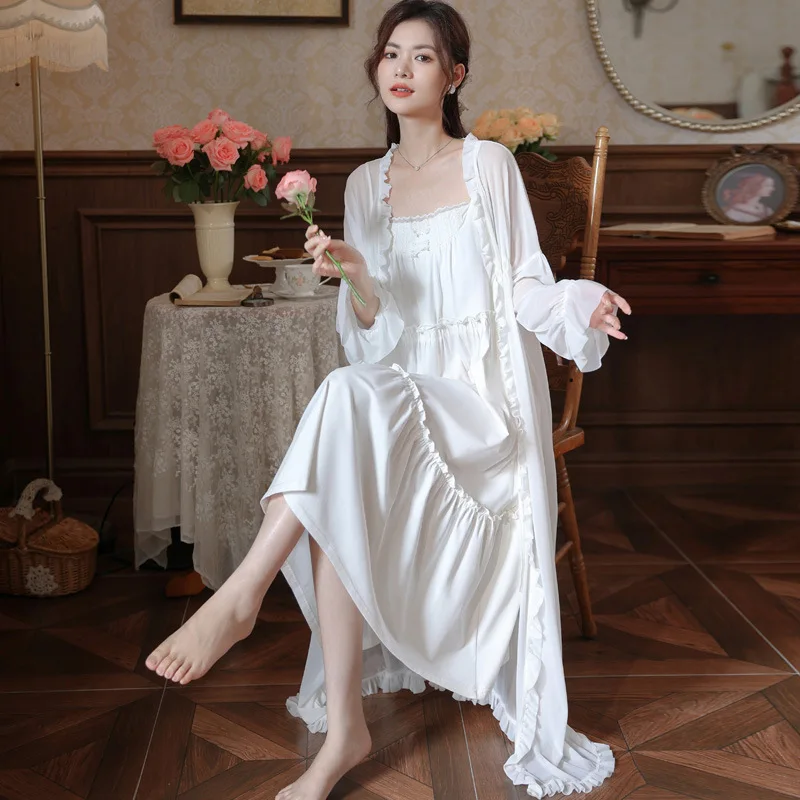 Vintage Victorian Gown and Robe Sets Pijamas Nightwear Autumn Sweet Mesh Night Dress Fairy Women Solid Color Sleepwear Nightwear