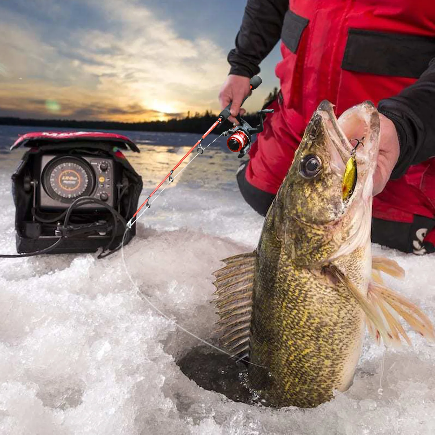 Sougayilang pêche sur glace Combo 68 cm 2 sections EVA poignée canne à pêche sur glace avec 5.2:1 3BB moulinet de pêche traînée maximale 5 kg Kit de pêche