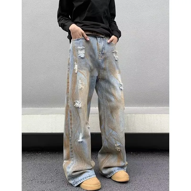 

2024, весна-лето, новая мода, мужские потертые синие брюки с нашивками в японском стиле, свободные широкие прямые джинсовые брюки, мужские брюки