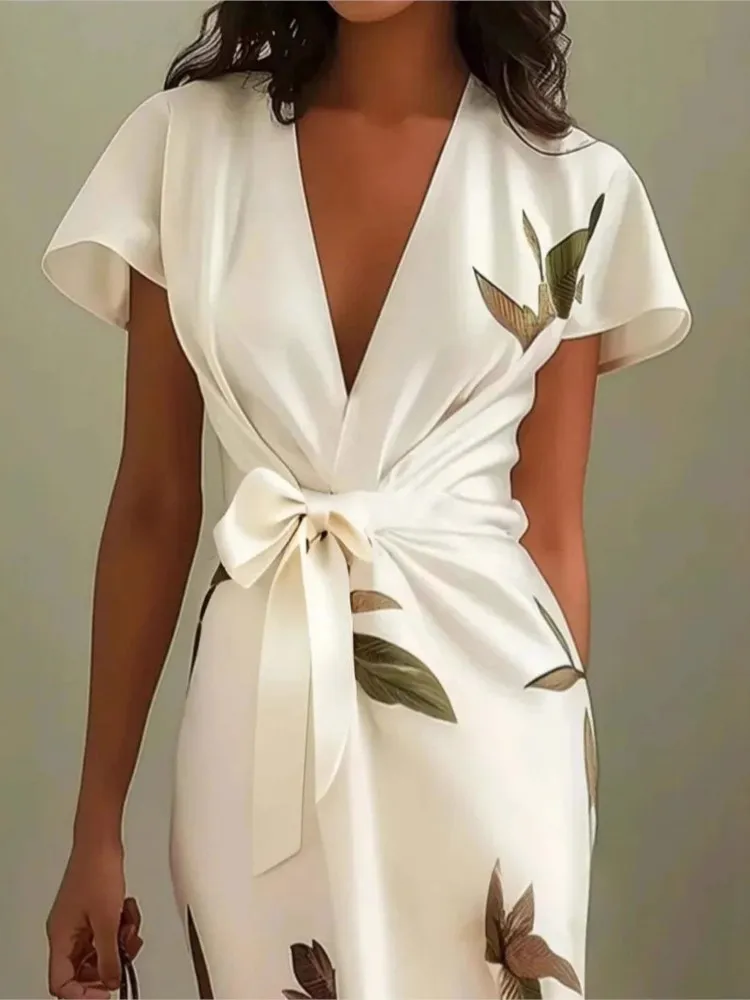 

Spring Summer Tie-up Bow Women Satin Long Dresses Elegant Floral Print Irregular Slim Boho Dress Woman Sexy V-Neck Party Dresses