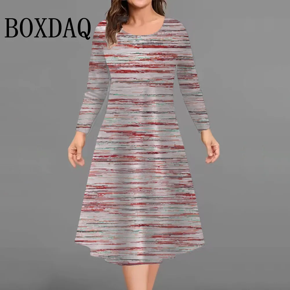 Jesienne Retro Sukienki z Długim Rękawem Damskie Sukienki Tie Dye w Paski z Nadrukiem Codzienna Sukienka z Okrągłym Dekoltem Luźna Mini Sukienka Plus Size 9XL